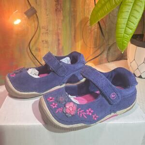 Stride Rite Navy Suede Floral Mary Jane Sneakers with Pink Embroidery